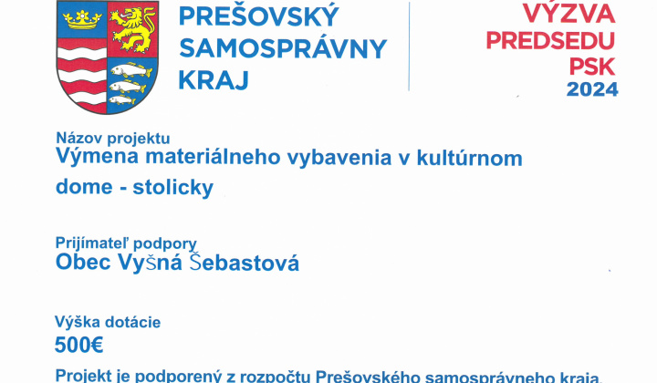 Fotka - Projekt podporený z výzvy predsedu PSK - Výmena materiálneho vybavenia v kultúrnom dome - stoličky