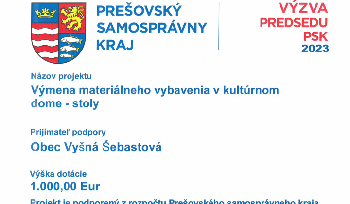 Fotka - Projekt podporený z výzvy predsedu PSK - Výmena materiálneho vybavenia v kultúrnom dome - stoly