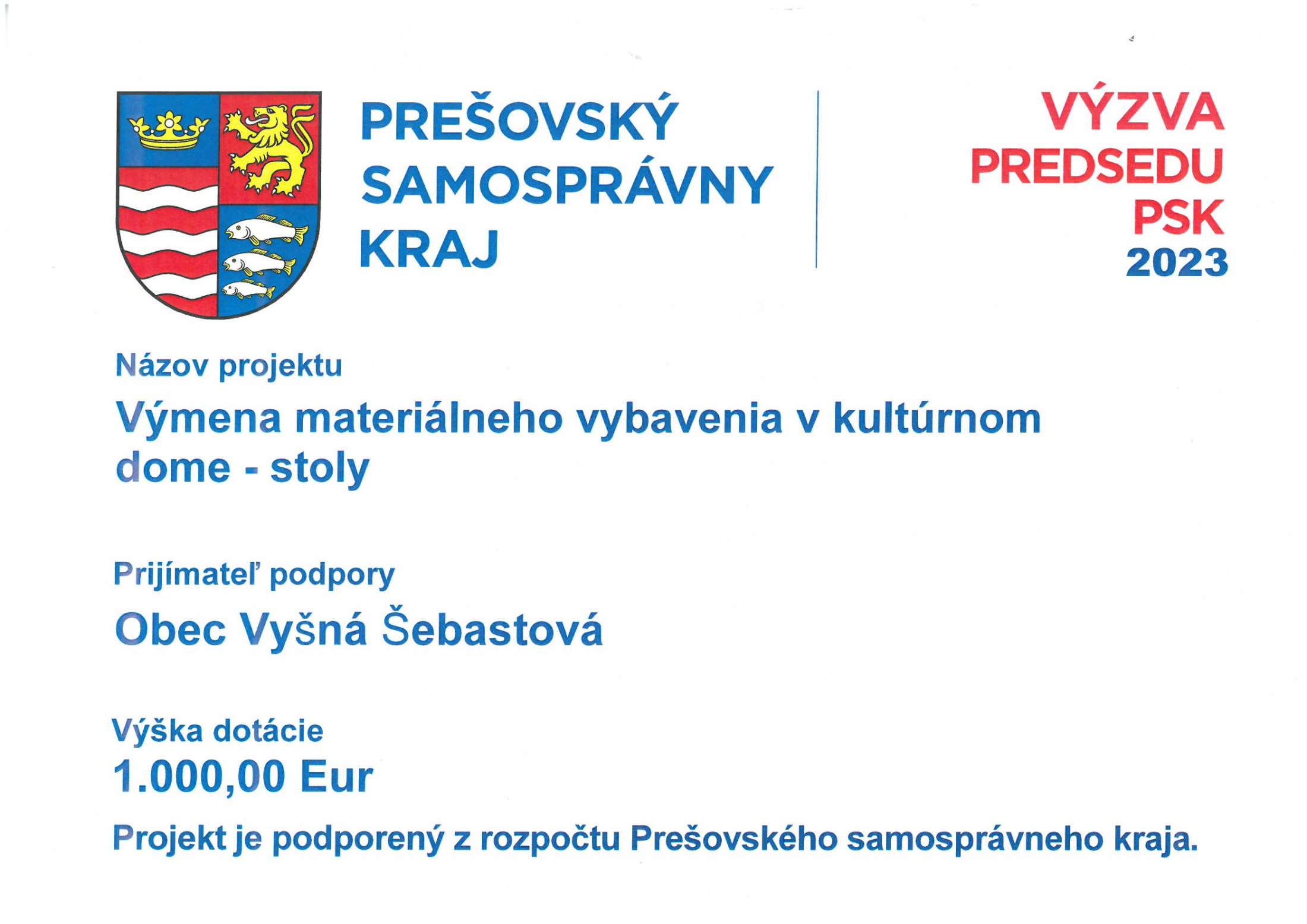 Fotka - Projekt podporený z výzvy predsedu PSK - Výmena materiálneho vybavenia v kultúrnom dome - stoly
